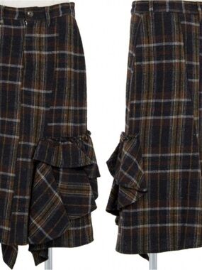 Y's by Yohji Yamamoto Brown and Black Plaid Ruffle Midi Skirt Pants